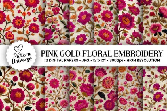 Download Pink Gold Floral Embroidery Pattern - Embroidery pattern Collection
